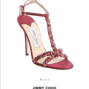 Jimmy Choo red berry leather jeweled 'Tayn' tstrap